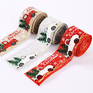 Festive Truck & Tree Printed Ribbon in Red, Beige, and Light Gray with Merry Christmas text.
