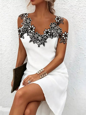 Black with Lace Floral Trim Cold Shoulder Mini Dress