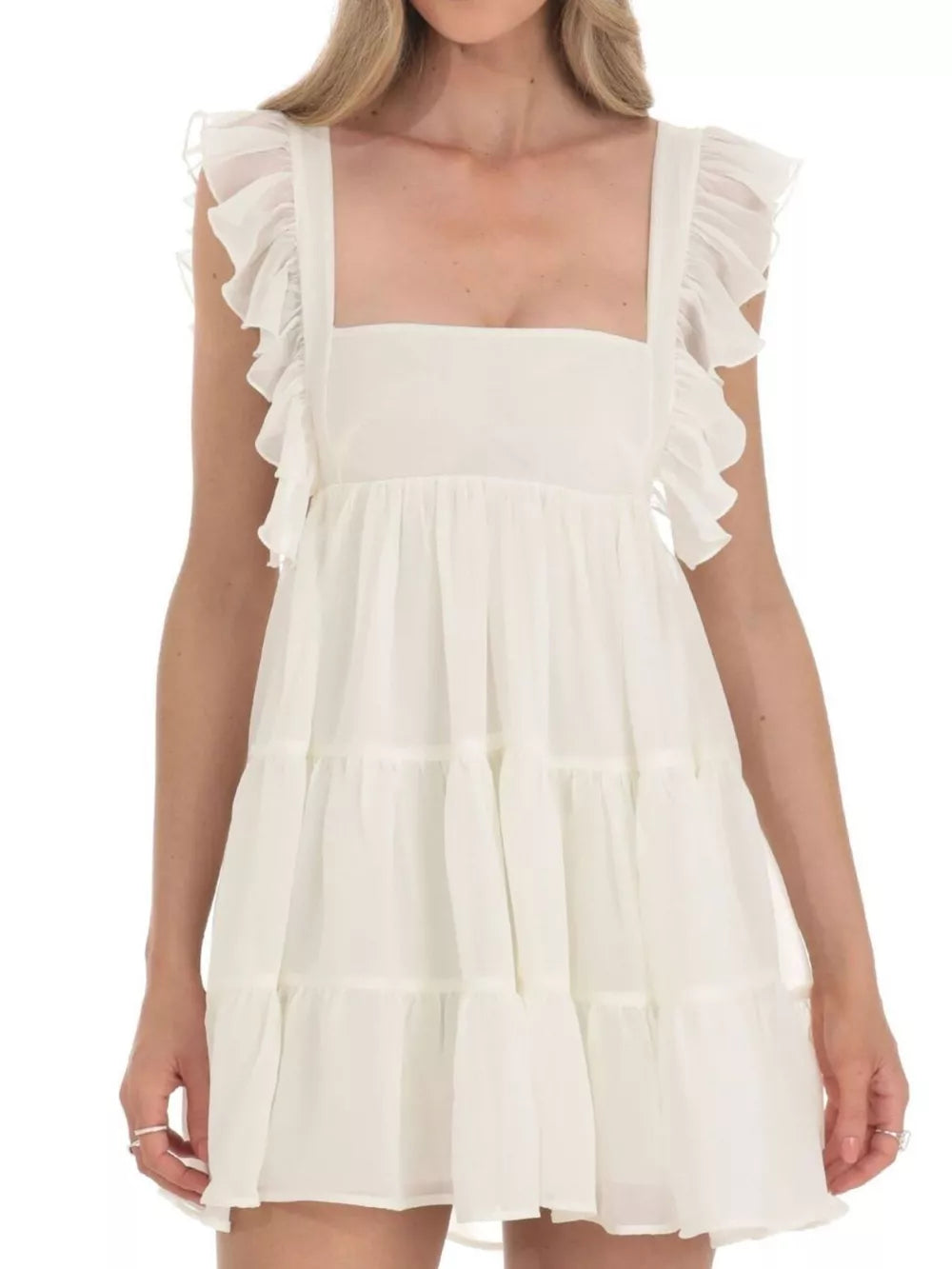 Ivory white ruffled square neck mini dress with tiered skirt