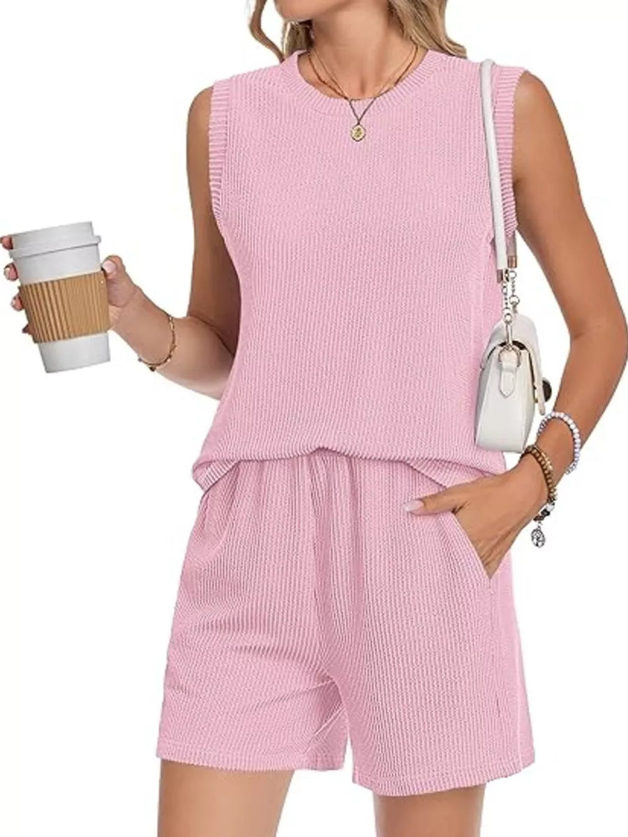 Pink ribbed knit sleeveless top and shorts set with pockets
