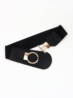 Black elastic belt with gold ring and toggle buckle detail