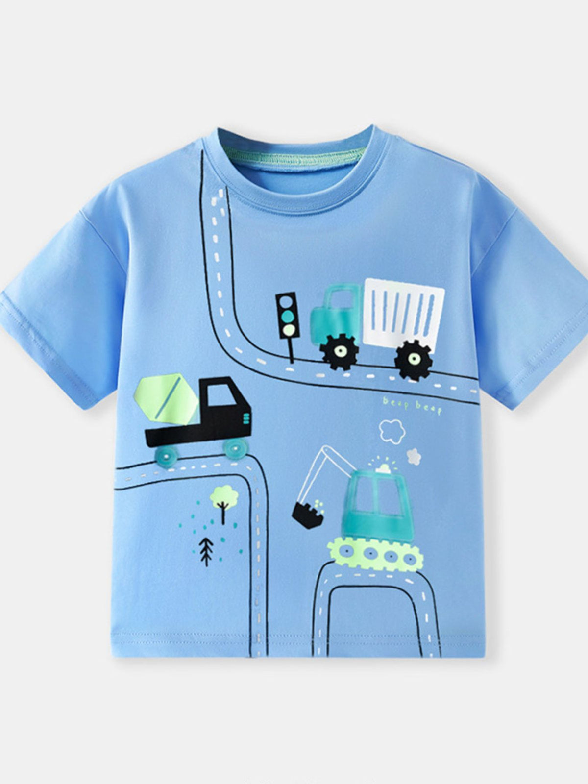 Blue crew neck t-shirt with construction vehicles and road graphic.