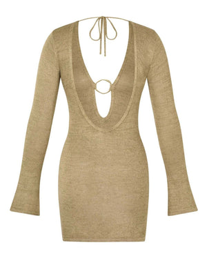 Khaki sheer knit mini cover-up dress with deep V-neck, ring detail, and tie closure.