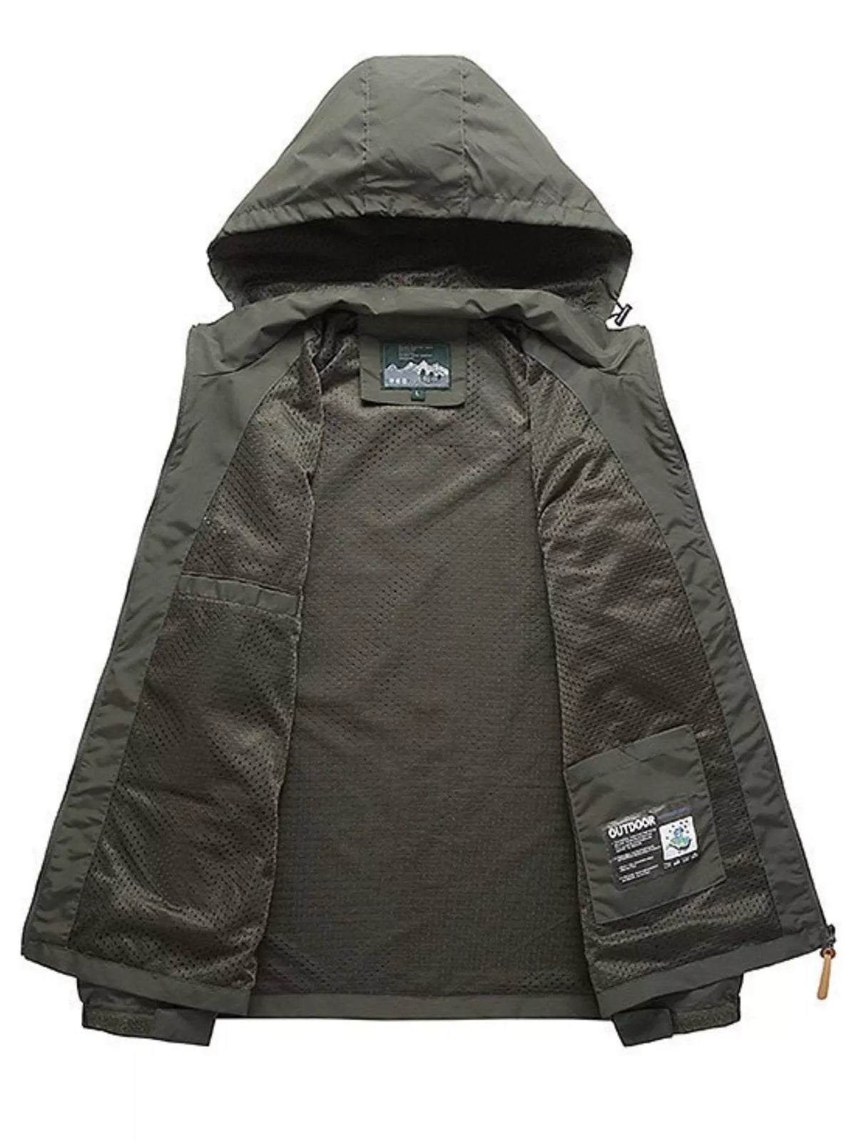 Green hooded windbreaker jacket interior with mesh lining and pockets.
