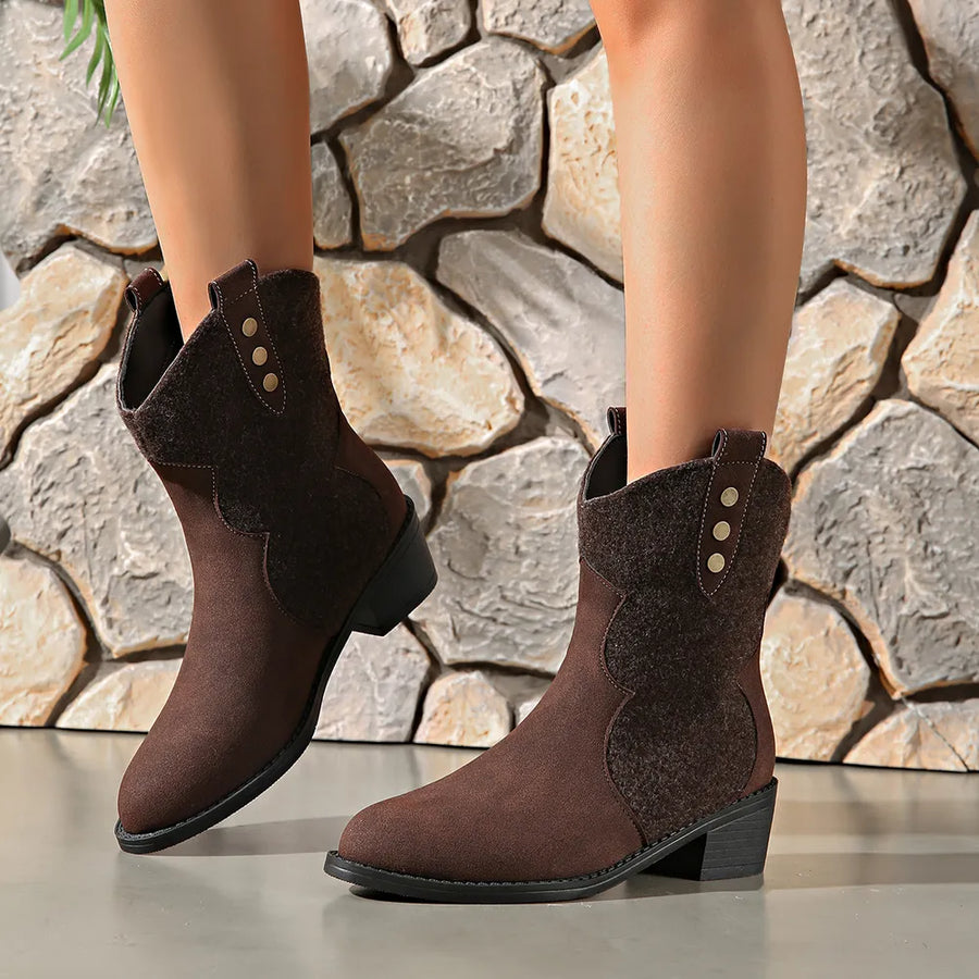 Brown suede and felt ankle boots with decorative stitching and gold buttons.