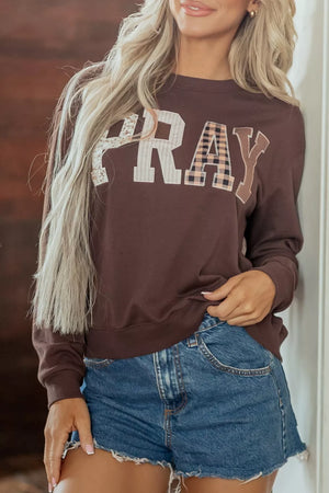 dark brown sweatshirt with plaid and crew neck