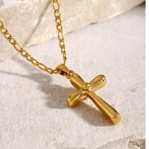 Gold sculpted cross pendant necklace with a figaro chain, 18K gold-plated.
