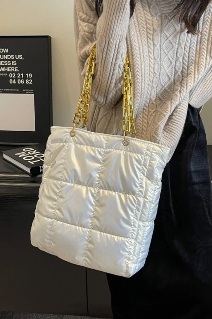 White quilted nylon tote bag with gold chain handles