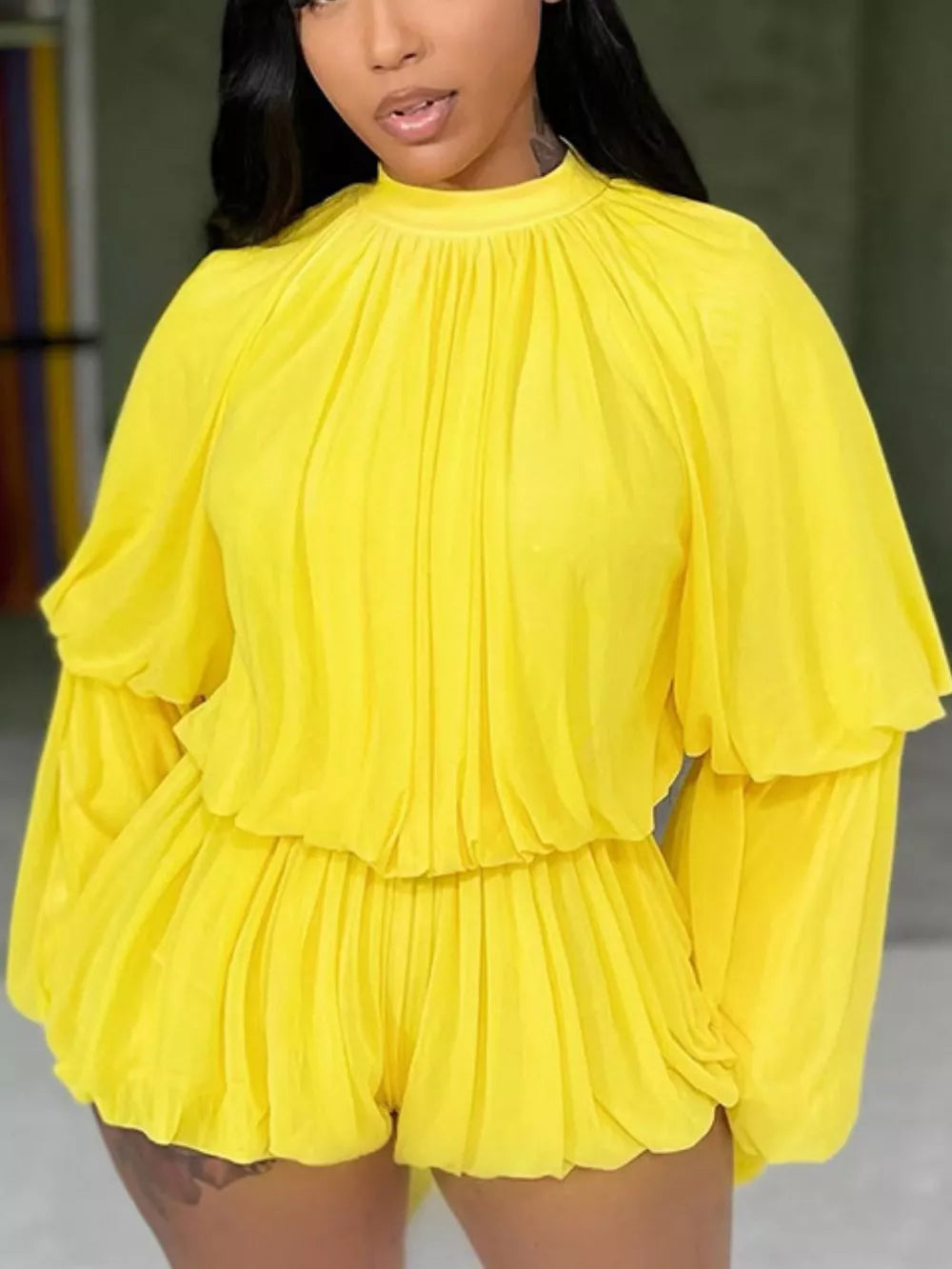Elegant Pleated Bell Sleeve Romper in Yellow