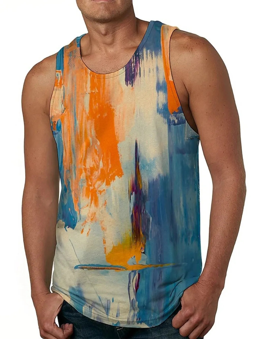 Men's abstract print tank top in tangerine and blue with a crew neck.
