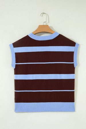 Chic striped knit sweater vest with crew neck and ribbed details in brown and light blue.