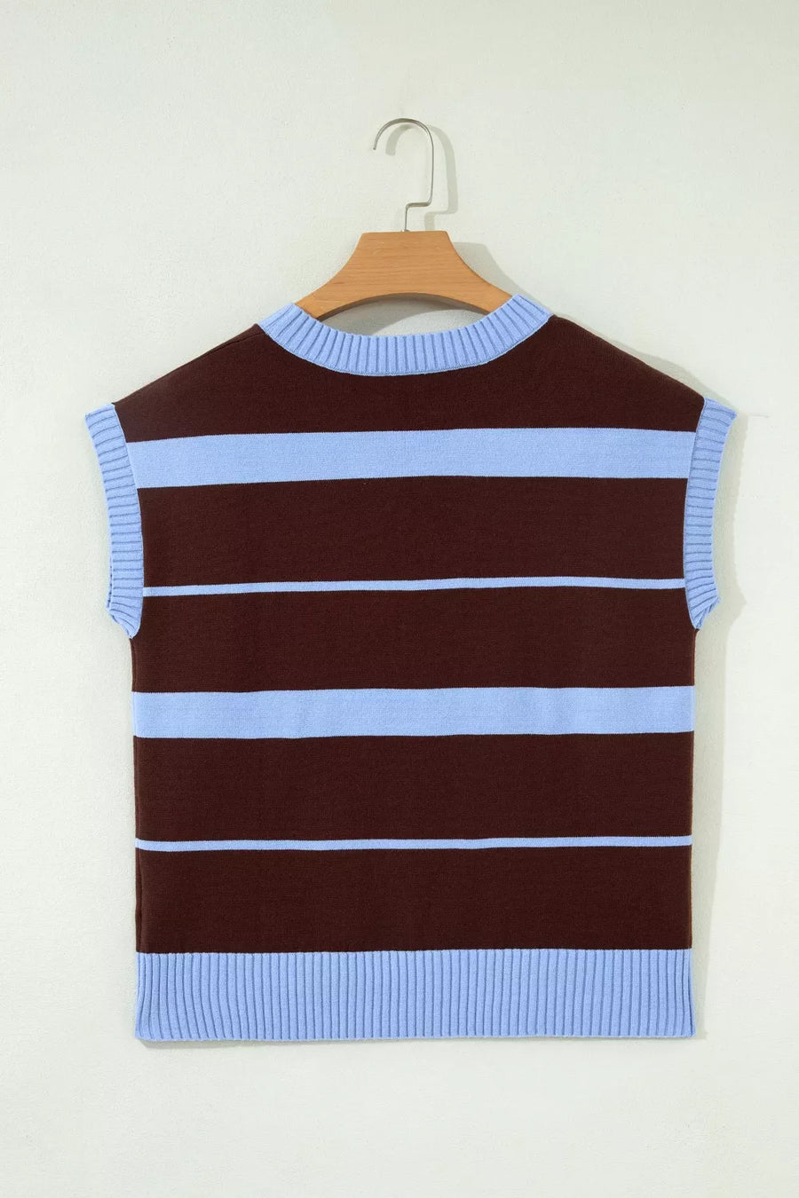 Chic striped knit sweater vest with crew neck and ribbed details in brown and light blue.