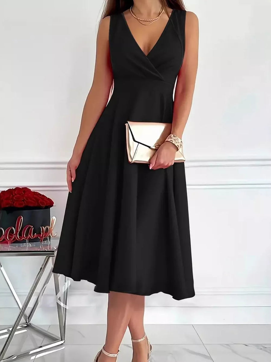 Black midi dress with a V-neckline and flared skirt, sleeveless, perfect for casual or elegant occasions.