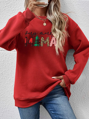 Red graphic sweatshirt with "Very Merry Mama" text and festive patterns.