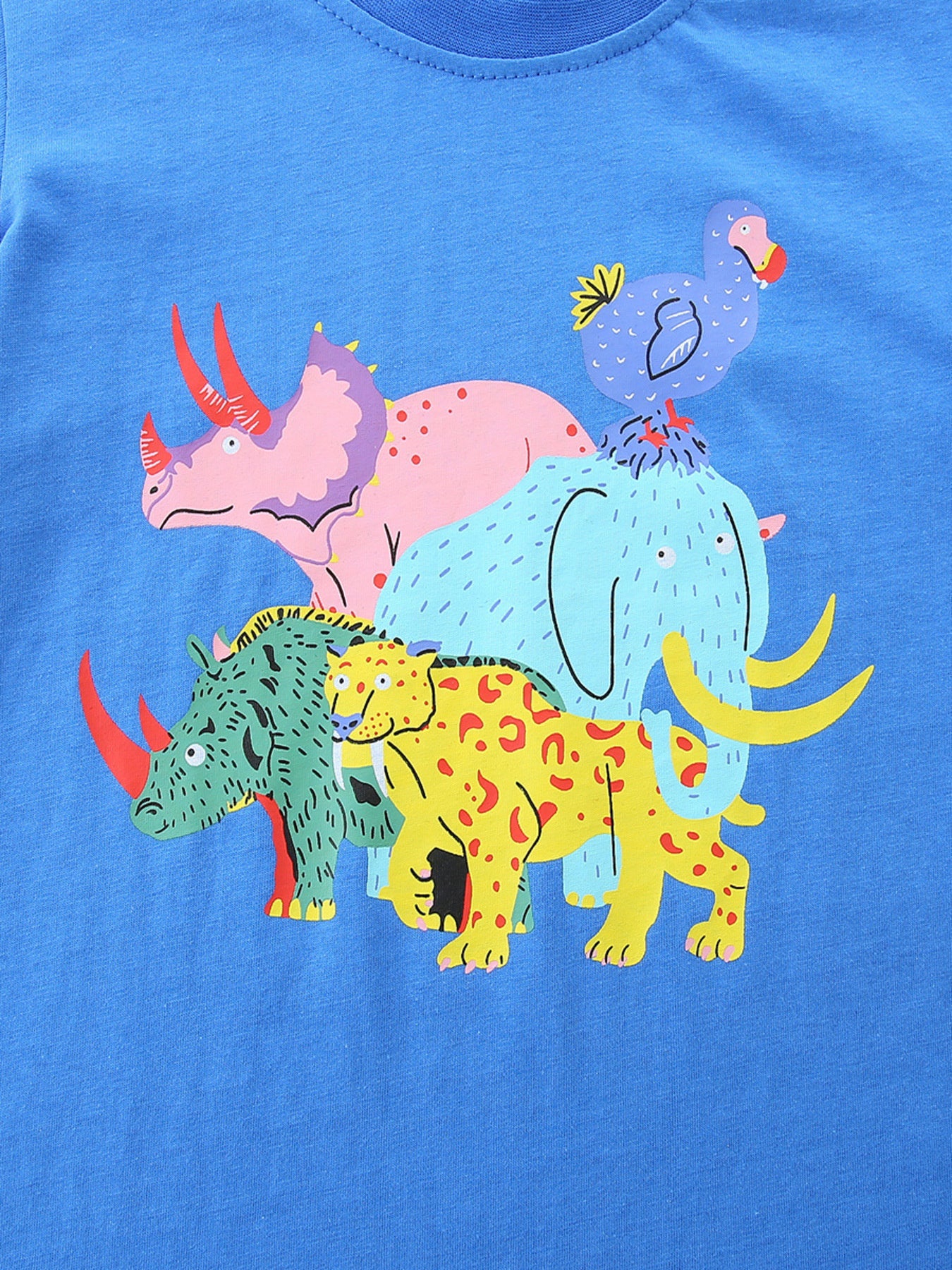 Blue cotton toddler t-shirt with a colorful stack of cartoon animals including a dinosaur, elephant, rhino, leopard, and