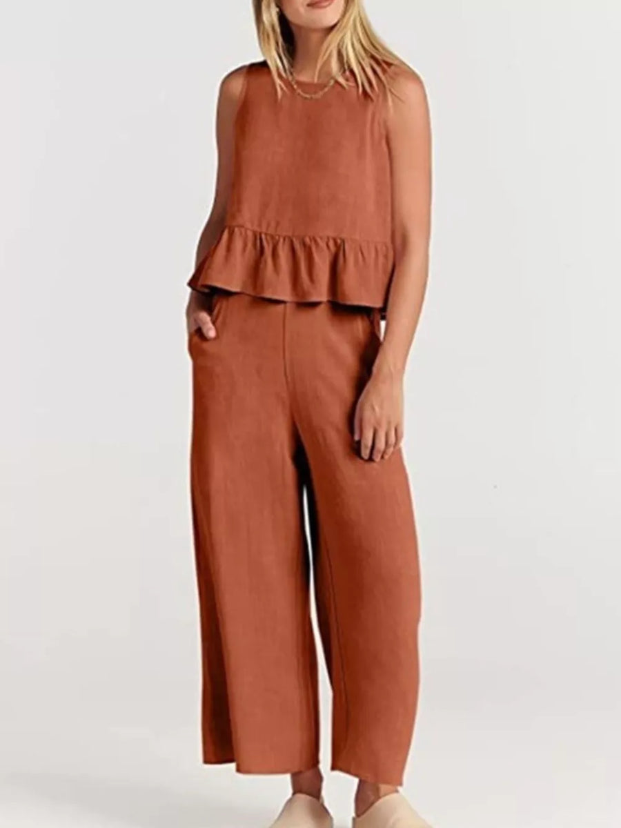 Ruffled Hem Sleeveless Top And Wide-leg Pants Set Plus Size in Gray Blue