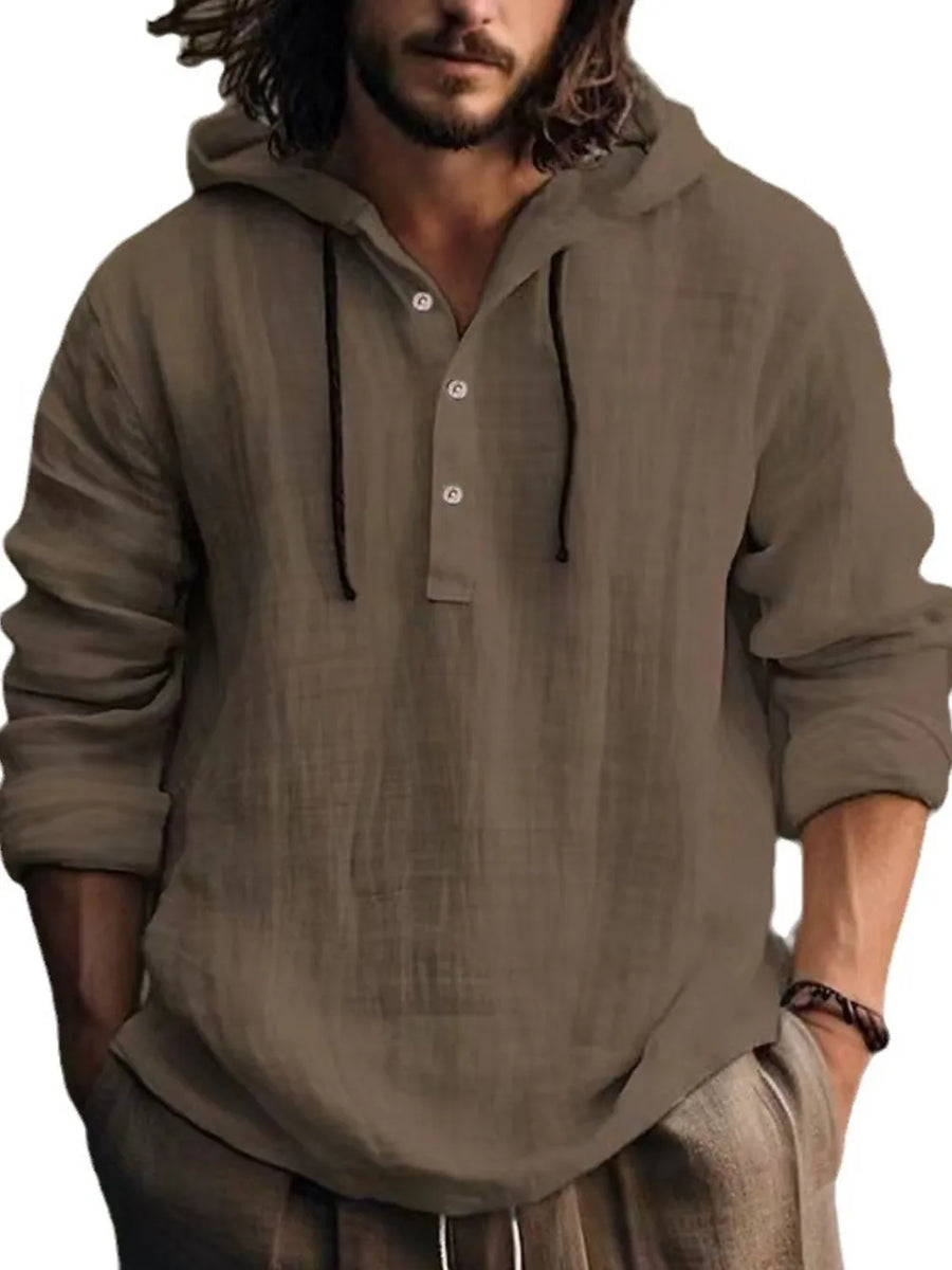 Coffee brown linen henley hooded pullover with button placket and drawstring hood.