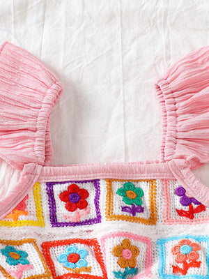 Pink crochet ruffle trim baby jumpsuit with embroidered floral squares