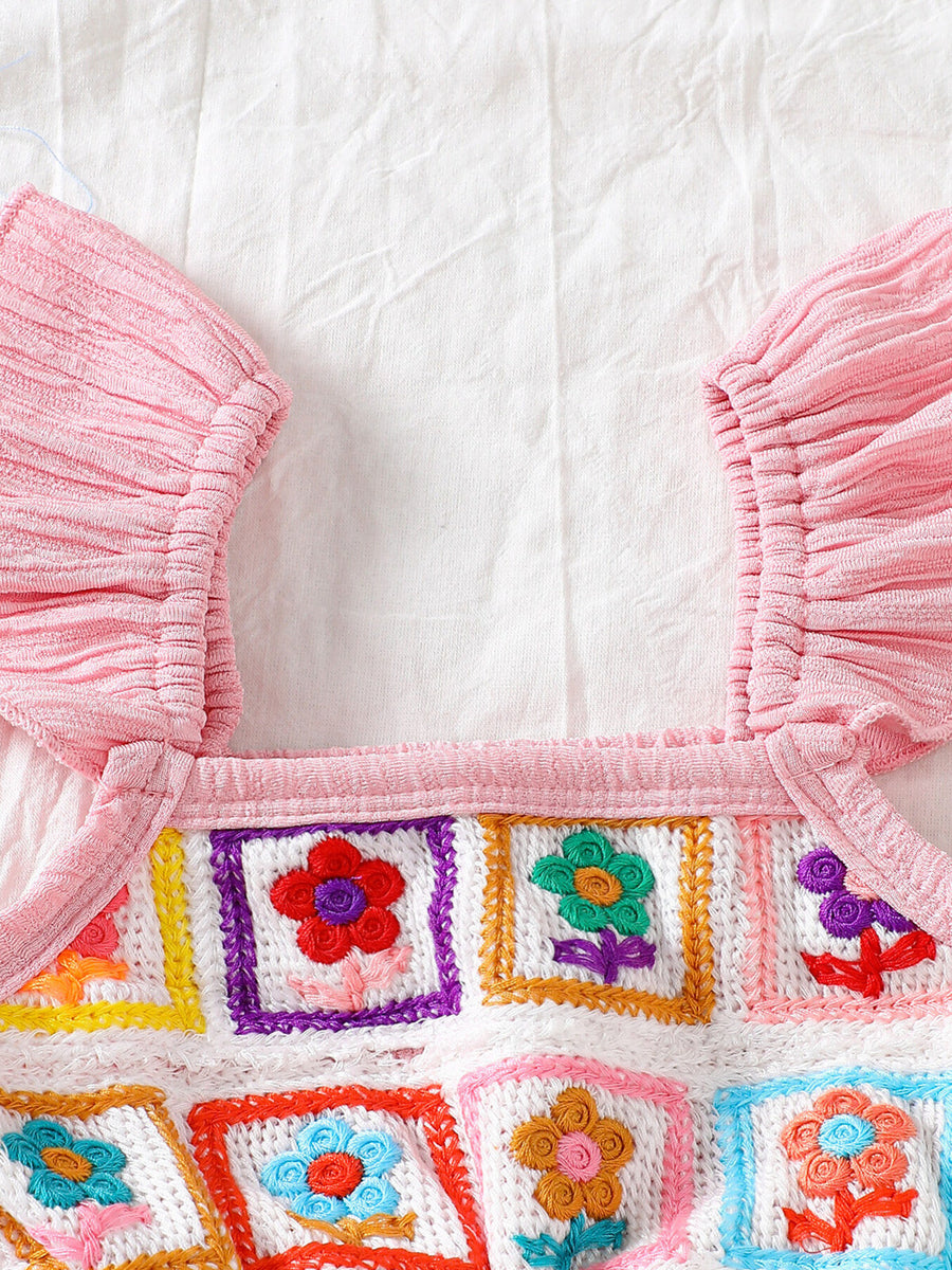 Pink crochet ruffle trim baby jumpsuit with embroidered floral squares