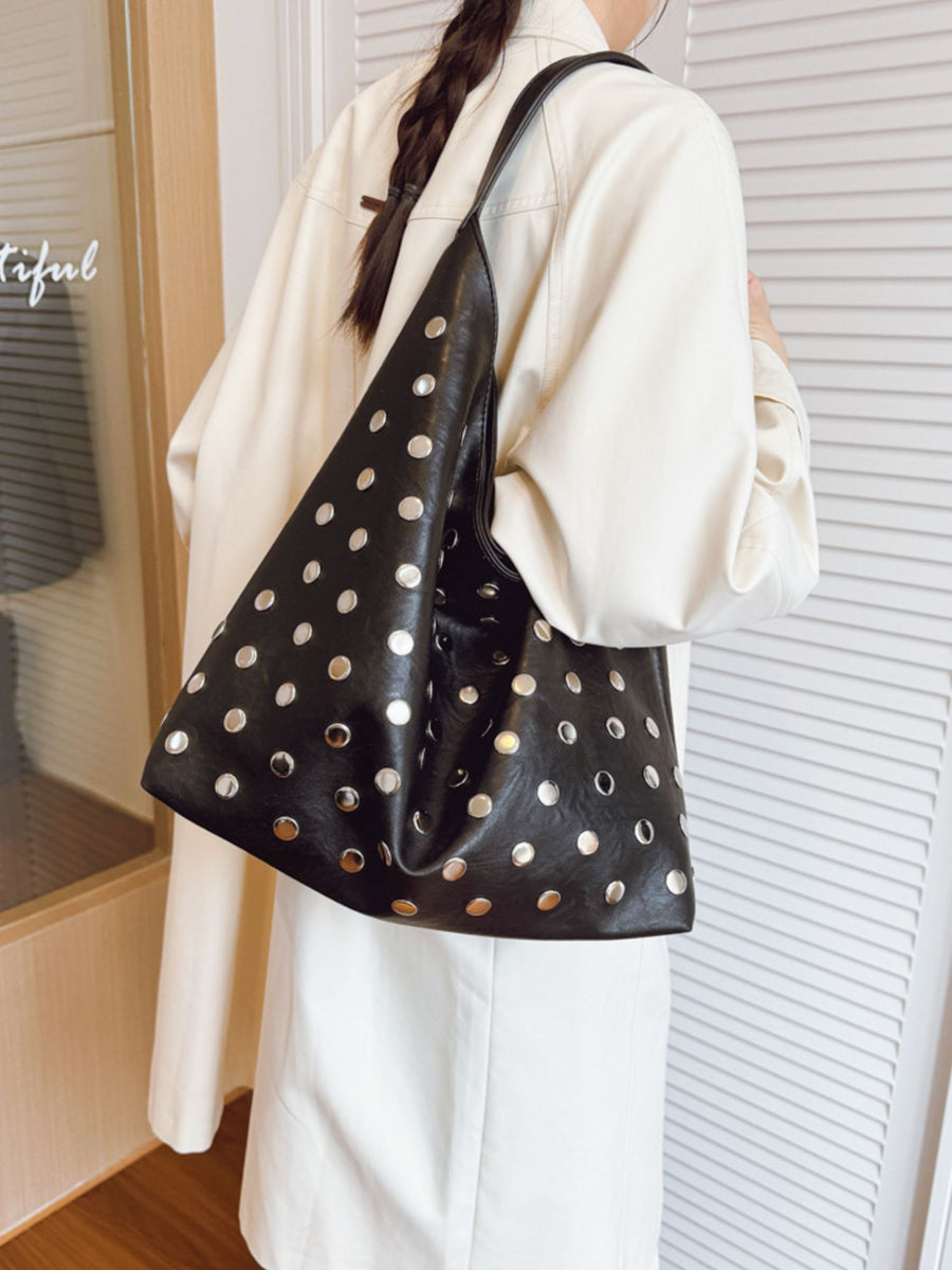 Studded Hobo Shoulder Bag in Black with studded