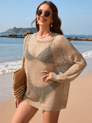 Open knit beach cover-up tunic in khaki acrylic with crew neck and long sleeves.