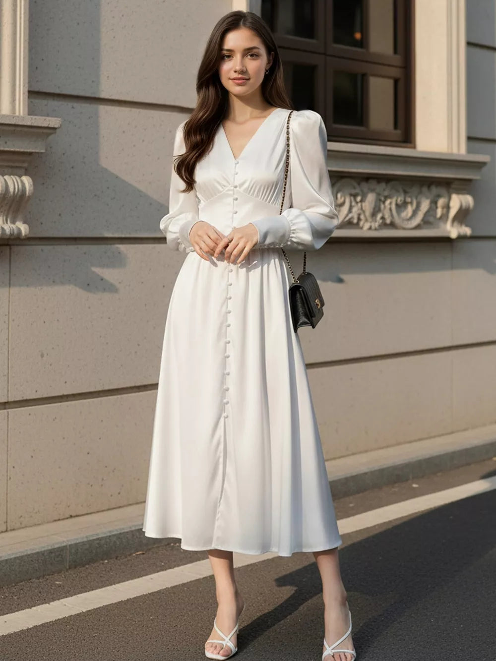 romantic midi dress in Pink Brown with v-neck