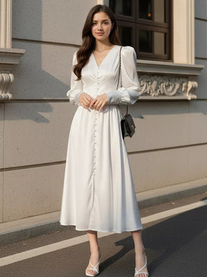 romantic midi dress in Pink Brown with v-neck