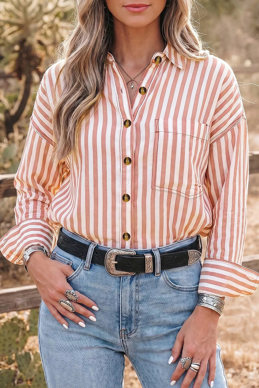 Stripe Western Button Down Long Sleeve Shirt