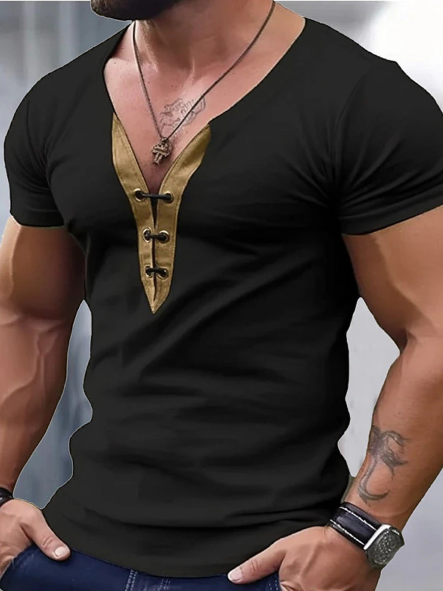 Men's black short sleeve t-shirt with gold lace-up V-neck detail