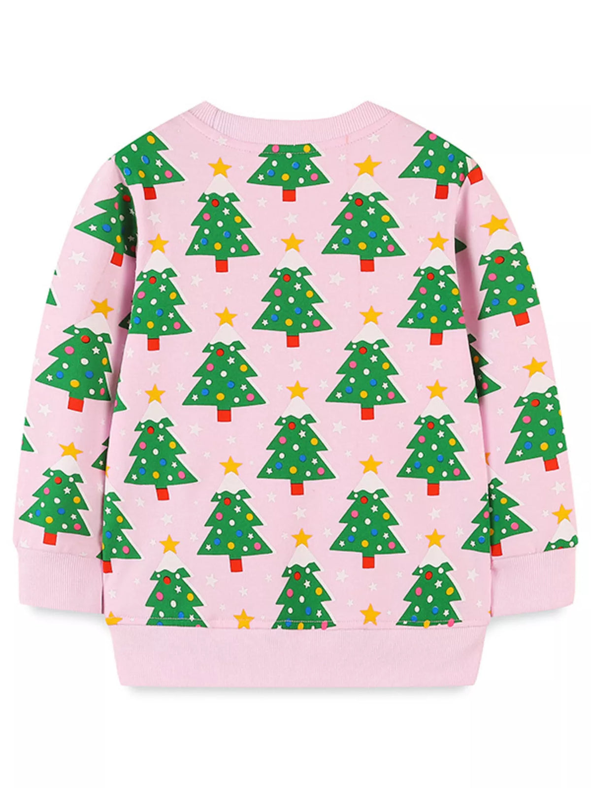Pink crewneck sweatshirt with allover Christmas tree print and stars