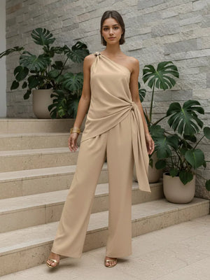 30% linen, 20% polyester, 20% rayon, 30% cotton Care instructions: Machine wash two-piece set in light beige with relaxed