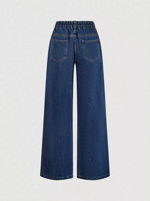 Halter Neck Denim Vest And Wide-leg Jeans Set in Dark Blue