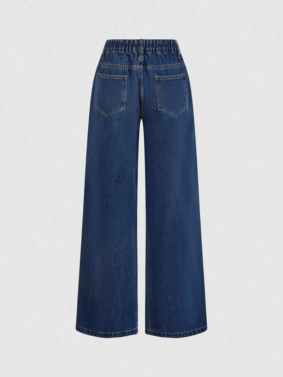 Halter Neck Denim Vest And Wide-leg Jeans Set in Dark Blue