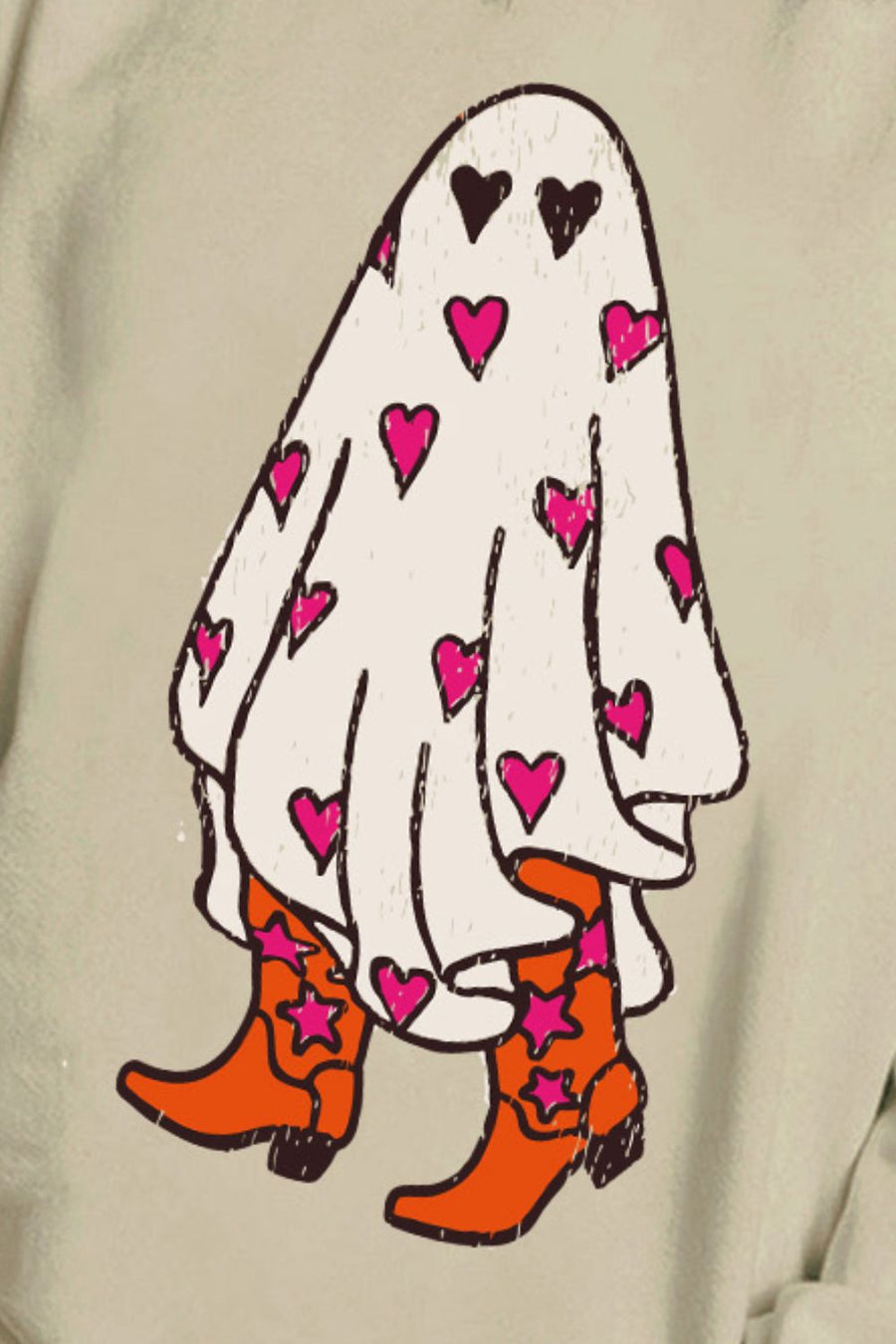 Beige sweatshirt with a graphic of a ghost wearing cowboy boots and covered in hearts.