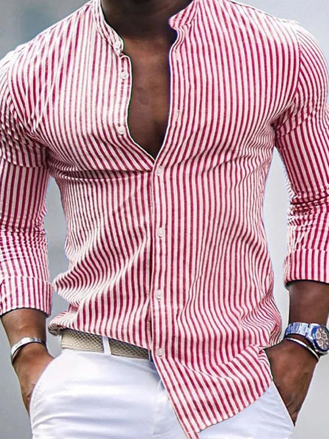 Men's red and white striped cotton band collar button-up shirt