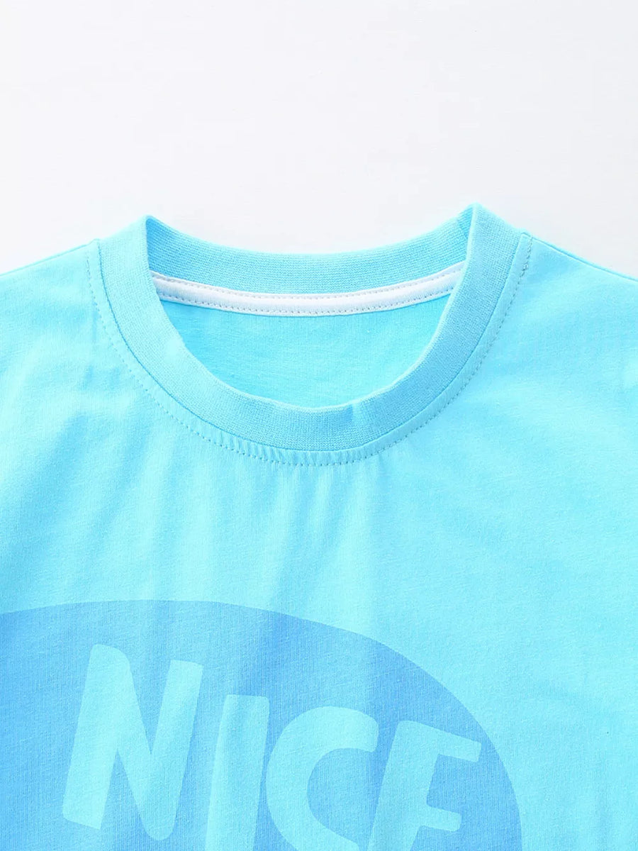 Baby blue cotton blend graphic tee with "NICE" text print and crew neck.