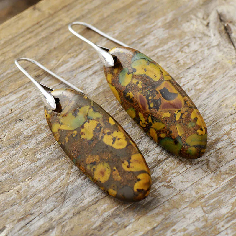 Verdant Stone Elongated Drop Earrings with silver hooks and natural stone pattern