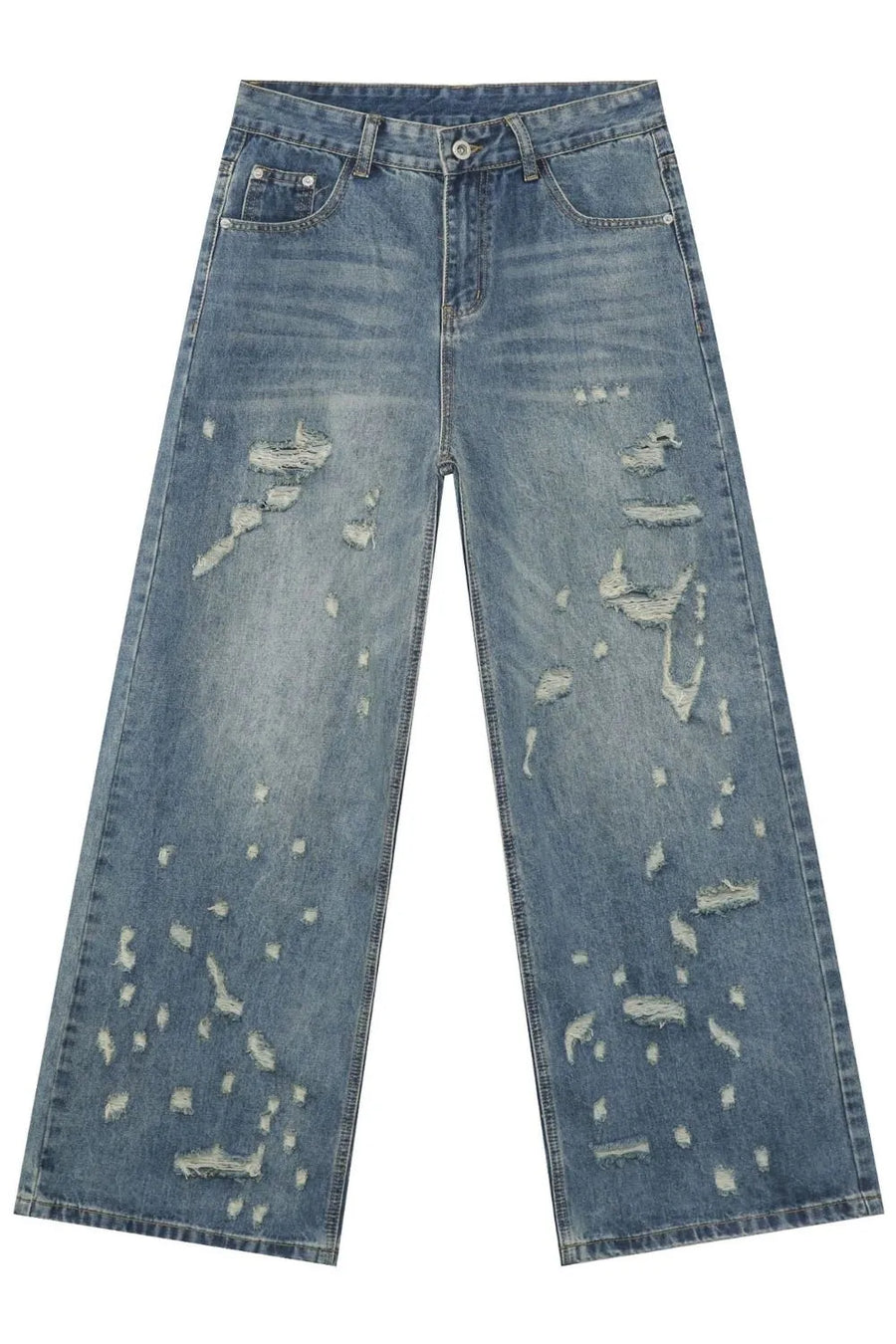 Distressed palazzo denim jeans in medium wash with raw edge detail and ripped accents.