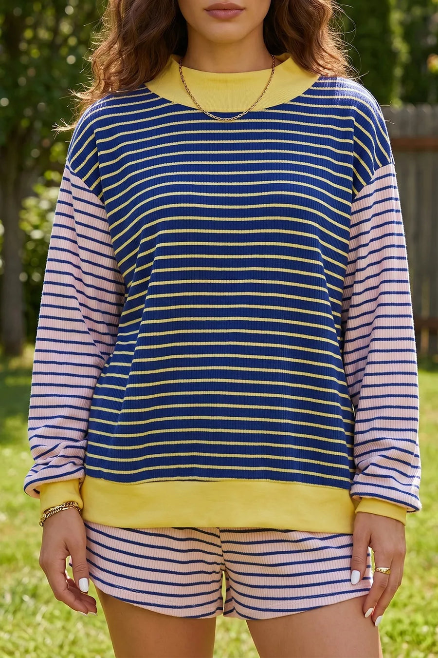 Stripe Color Block Ribbed Knit Two-piece Set option 3