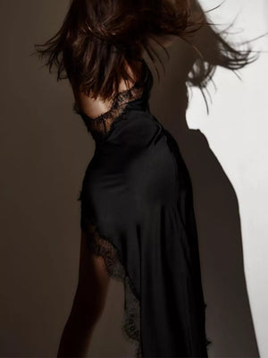 Black lace trim spaghetti strap midi dress with cowl neckline and open back detail.