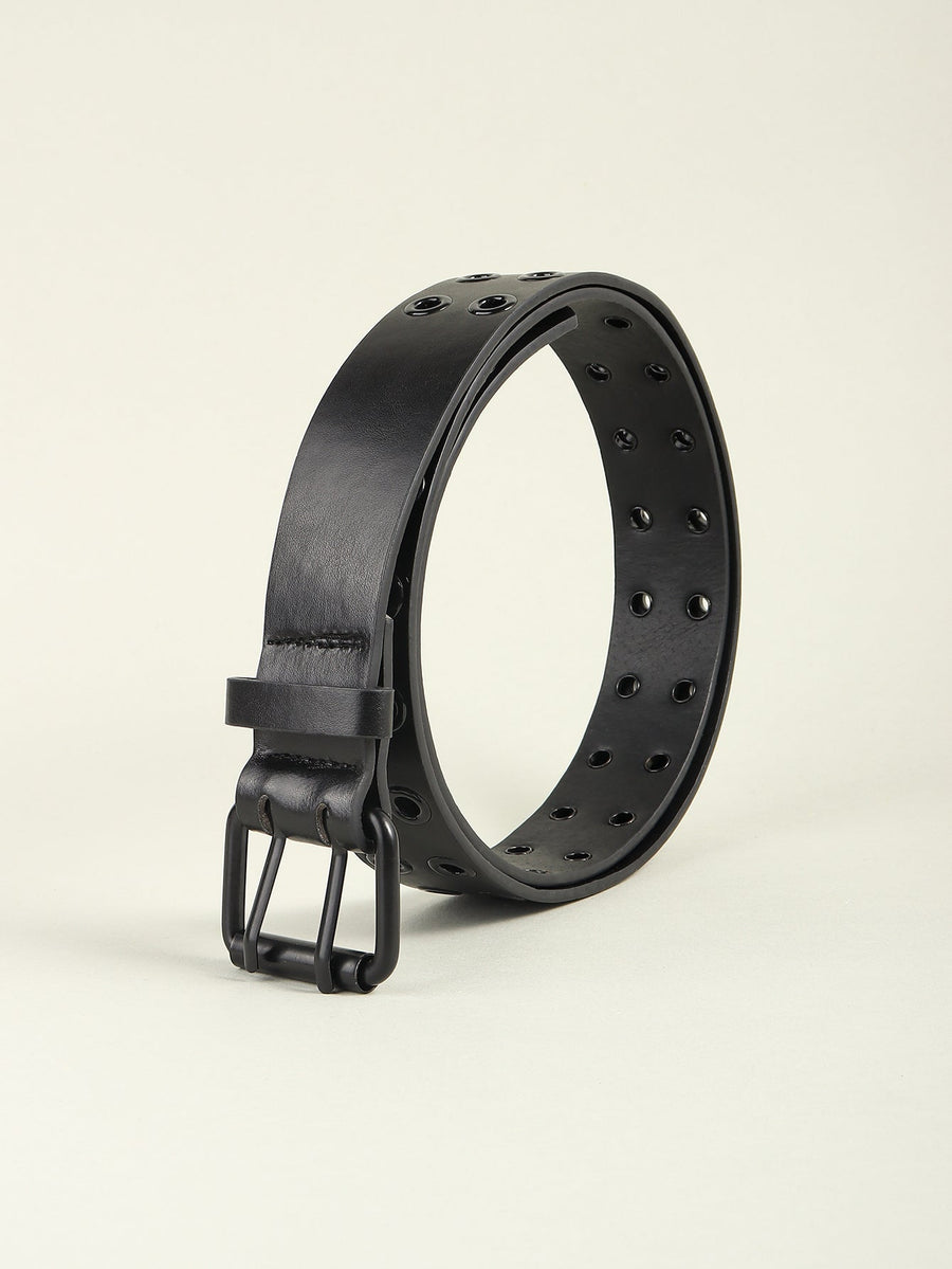 Black vegan leather belt with double grommets and a black alloy buckle.