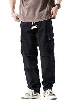 Men's black cargo sweatpants with drawstring and multiple pockets.