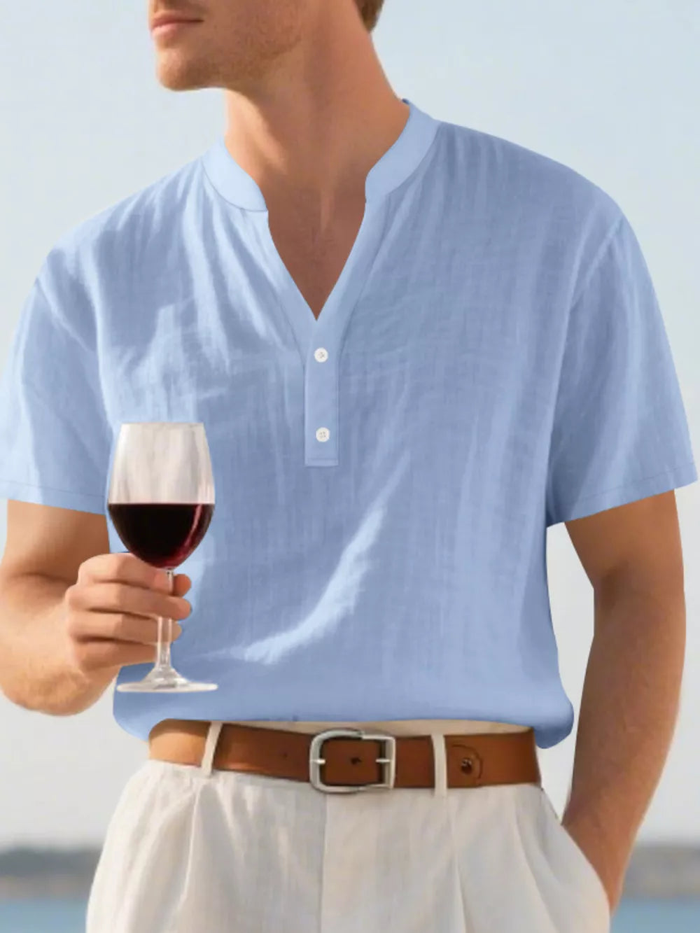 Light blue linen blend men's band collar shirt with button placket, relaxed fit