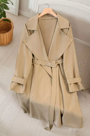 trench coat in camel featuring belted and relaxed fit