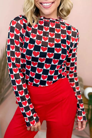 Plaid Heart Mesh Sheer Long Sleeve Top option 9