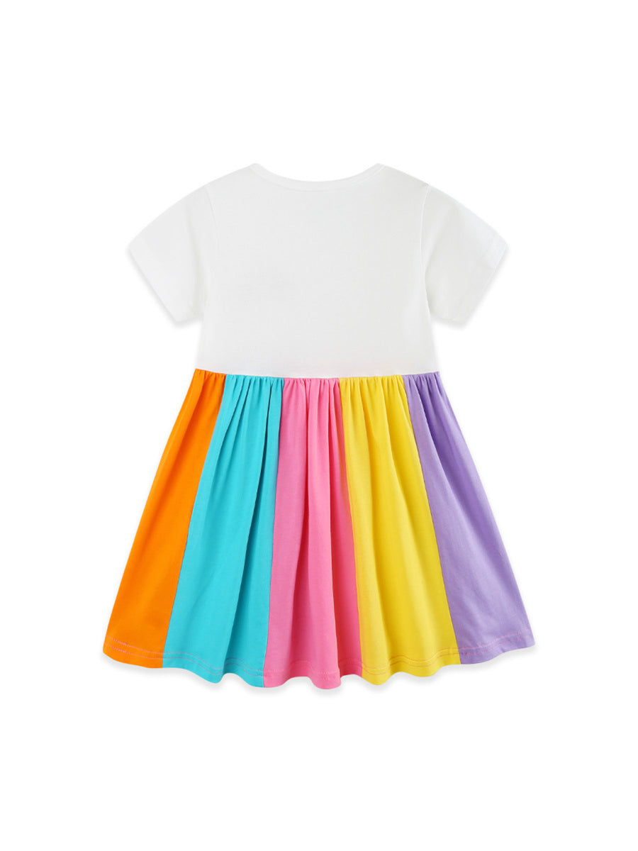 Toddler rainbow striped dress with short sleeves and a gathered skirt in orange, blue, pink, yellow, and purple cotton.