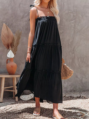 maxi dress in black featuring tied straps and A-line fit
