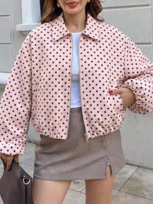 Polka Dot Casual Zip-Up Jacket in Brown with collared