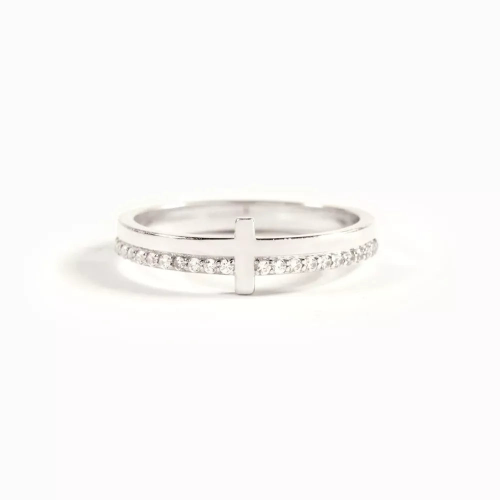 Silver cross ring with pave crystal band