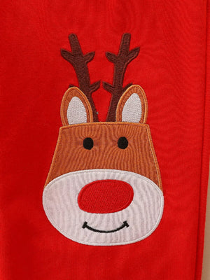 Red baby outfit with embroidered reindeer face and antlers detail